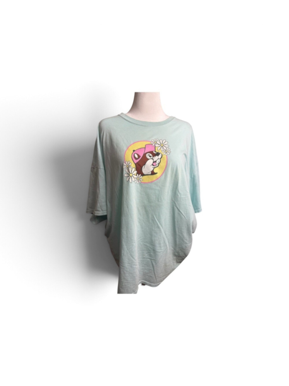 Buc-ee's Women's T-Shirt "Happiness Blooms" Aqua Blue w/ Daises Size 3X
